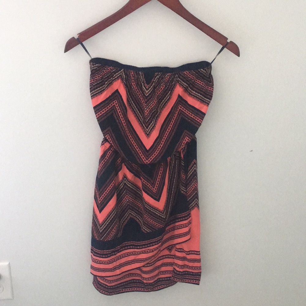 Navy and coral print strapless dress